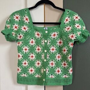 Elegant Green Crochet Blouse with Button Detail